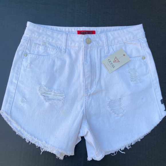 New GUESS High Rise Destroyed White Denim Short SZ 27 - Picture 5 of 7